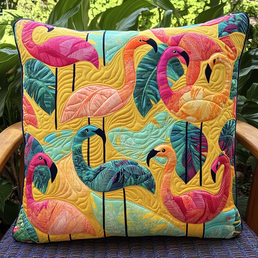Charming Flamingo Quilted Cushion Cover printed cushion cover