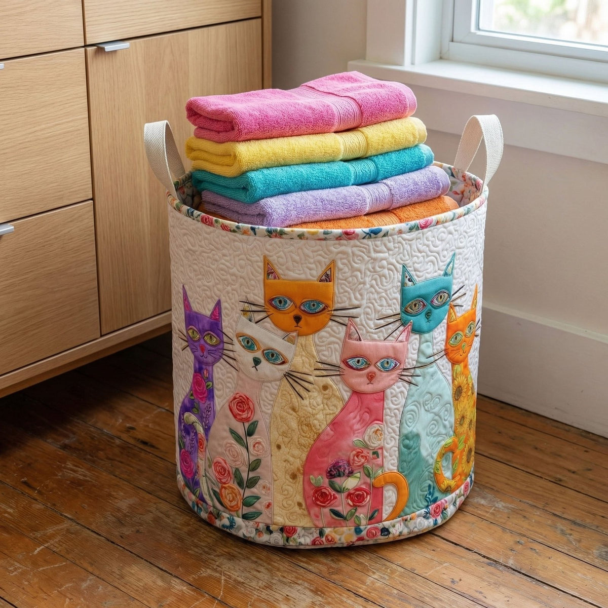Cheerful Cat Patch Quilted Laundry Hamper printed laundry hamper