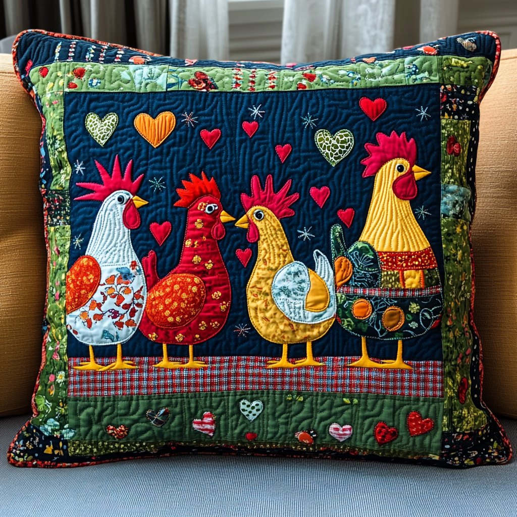Cheerful Cluckers Quilted Cushion Cover printed cushion cover