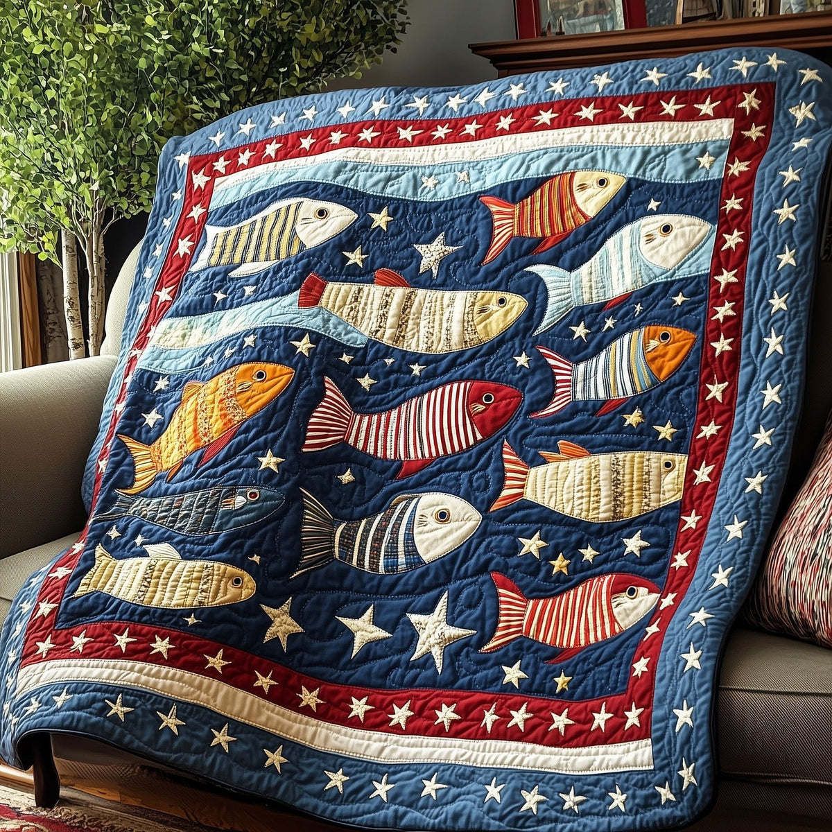 Cheerful Fishes Quilted Blanket printed blanket