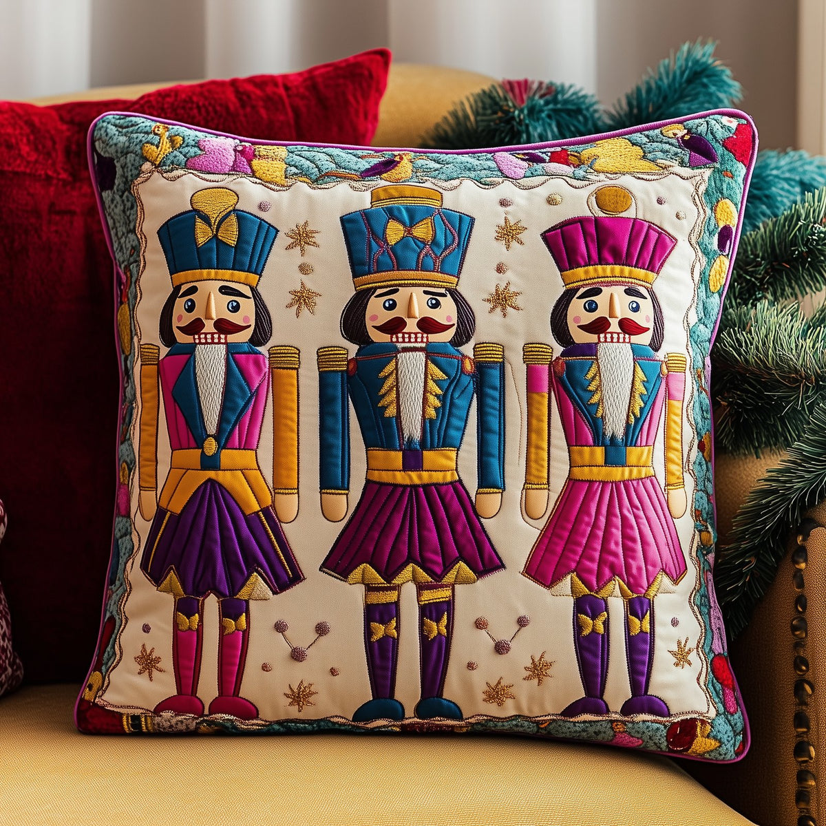 Cheerful Nutcracker Quilted Cushion Cover printed cushion cover