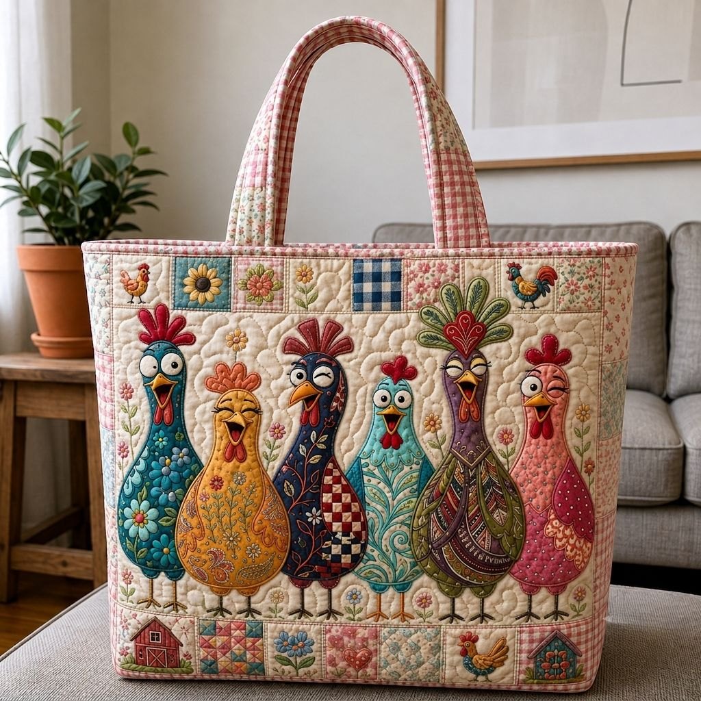 Chicken Garden Days Quilted Tote Bag printed tote bag