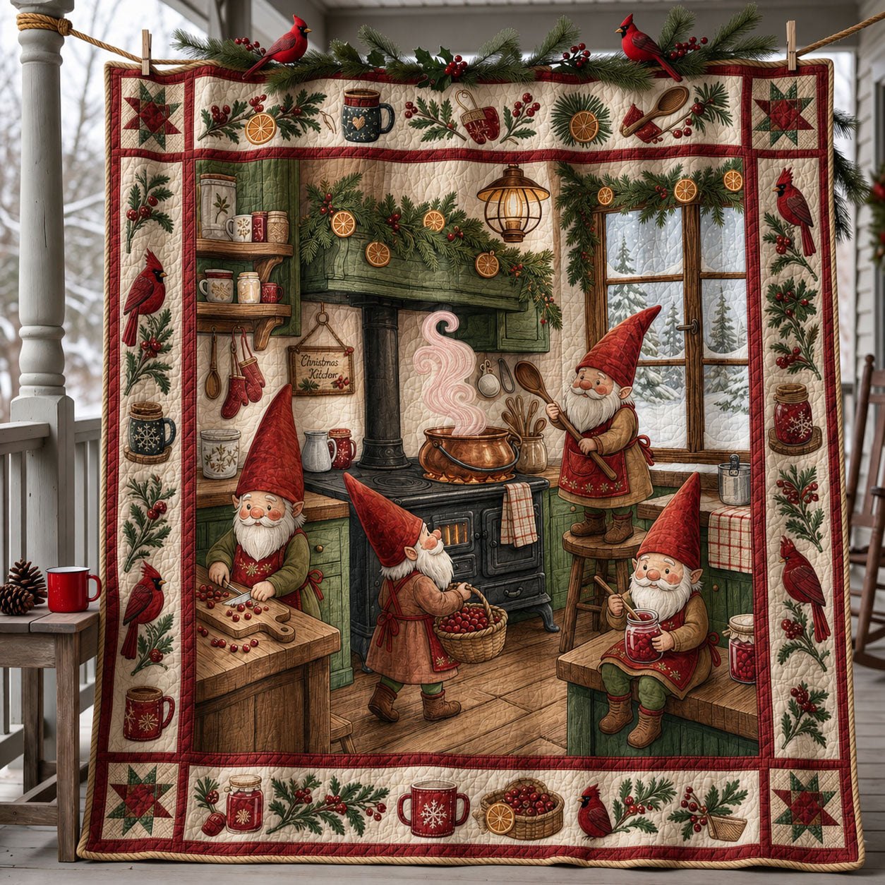 Christmas Gnomes Cozy Kitchen Quilted Blanket printed quilt blanket