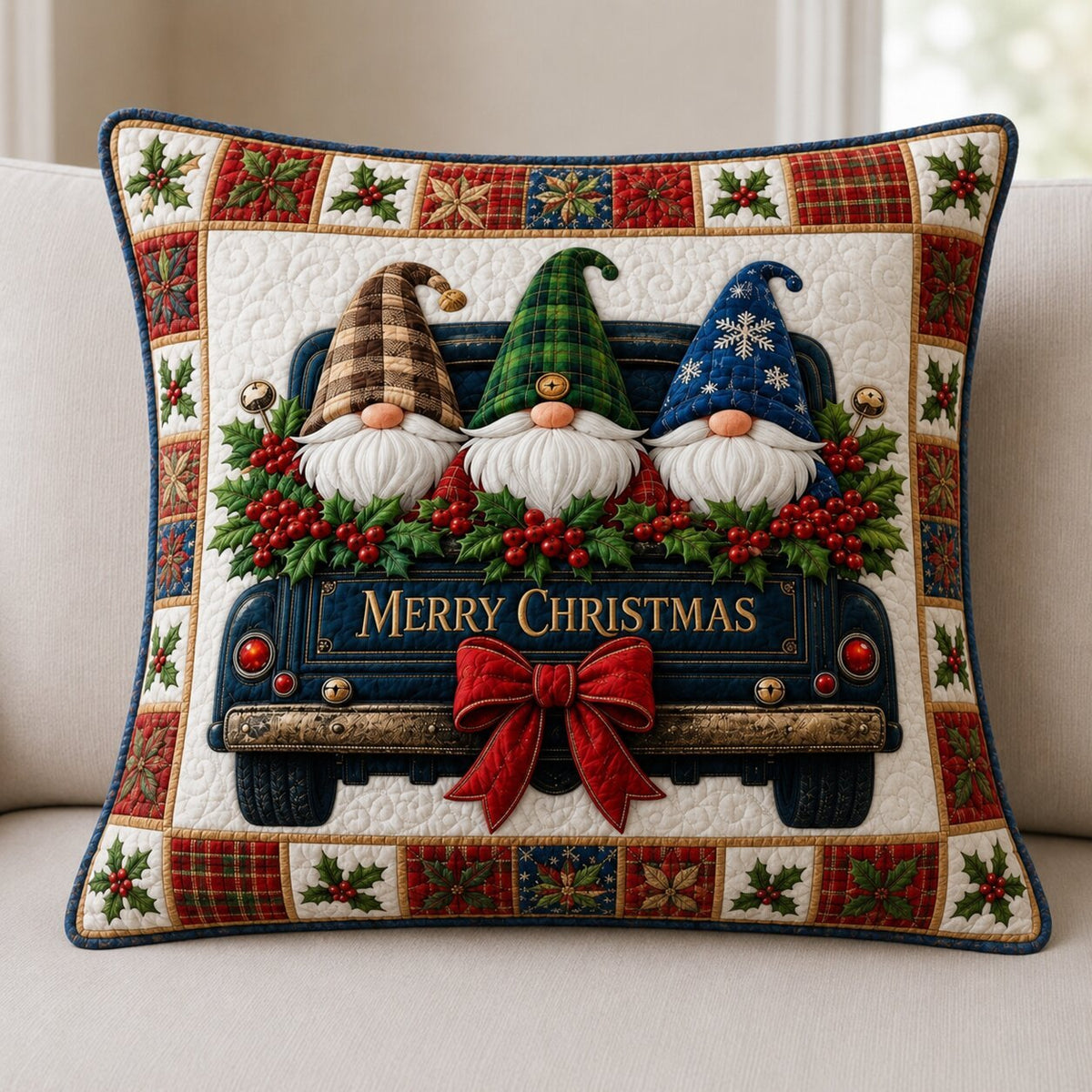 Christmas Gnomes Holiday Quilted Cushion Cover printed cushion cover