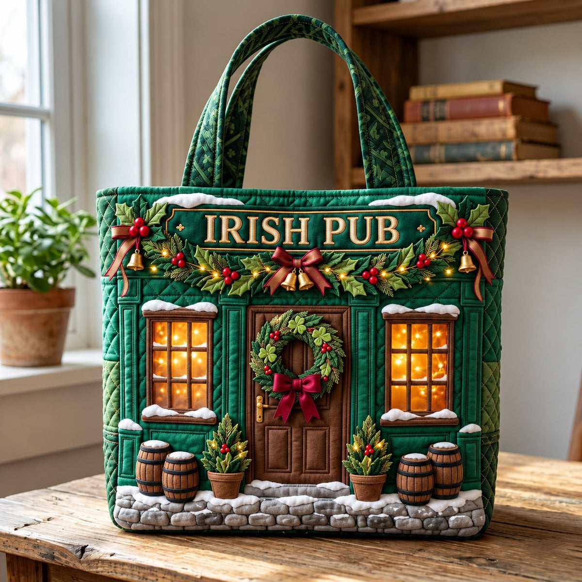 Christmas Irish Pub Quilted Tote Bag printed tote bag