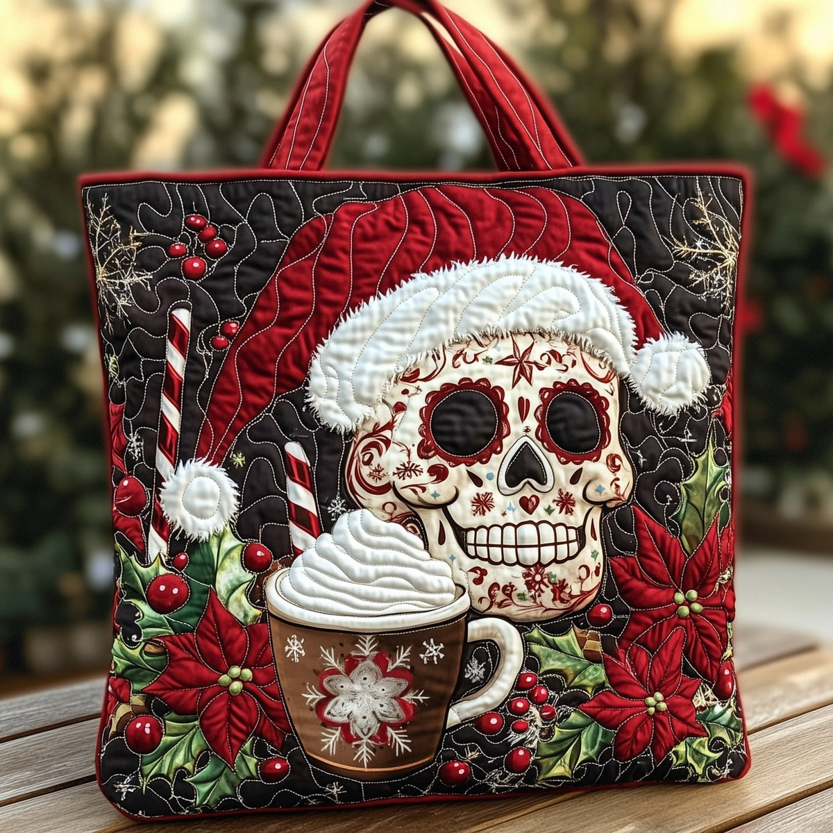 Christmas Sugar Skull Quilted Tote Bag printed tote bag