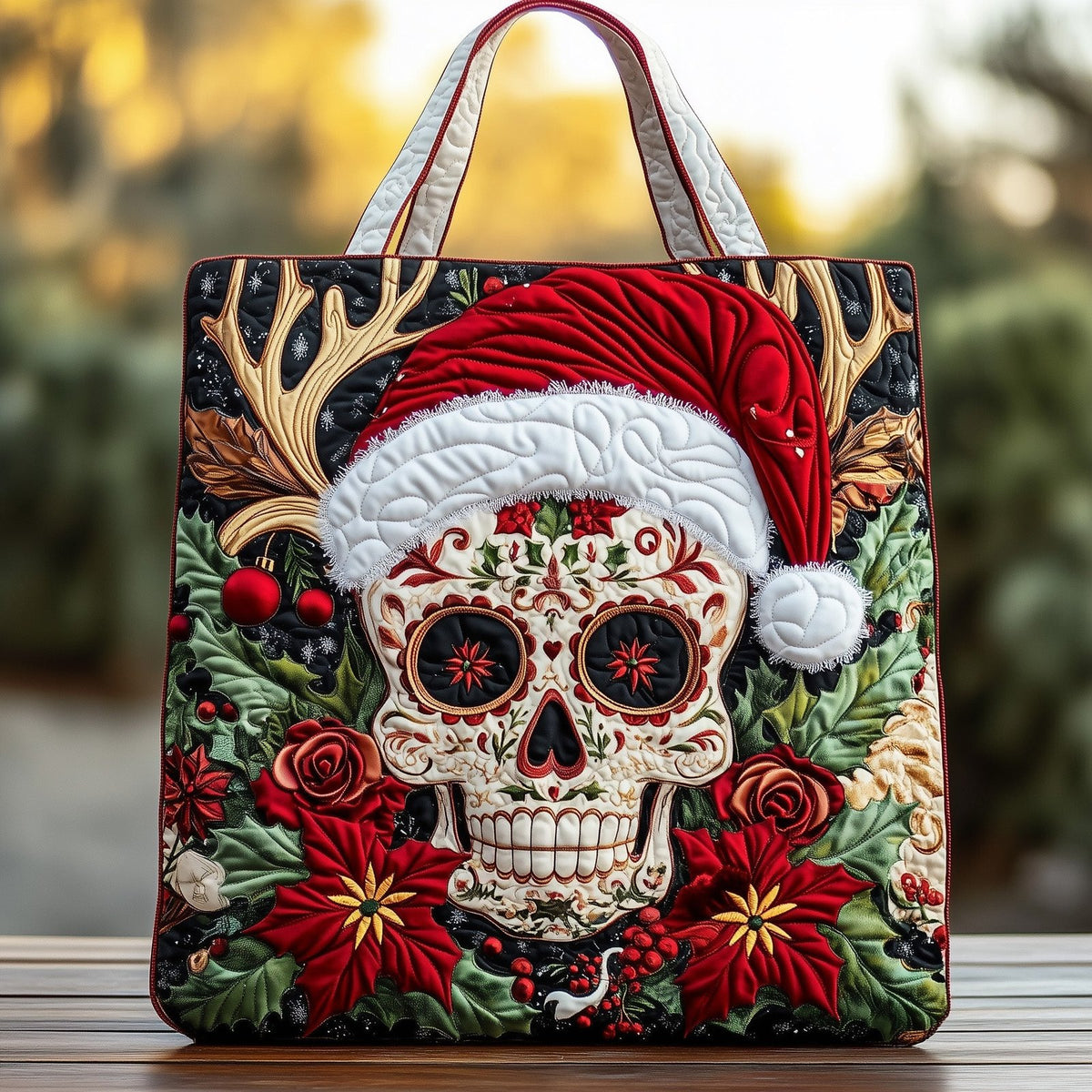 Christmas Sugar Skull Quilted Tote Bag printed tote bag