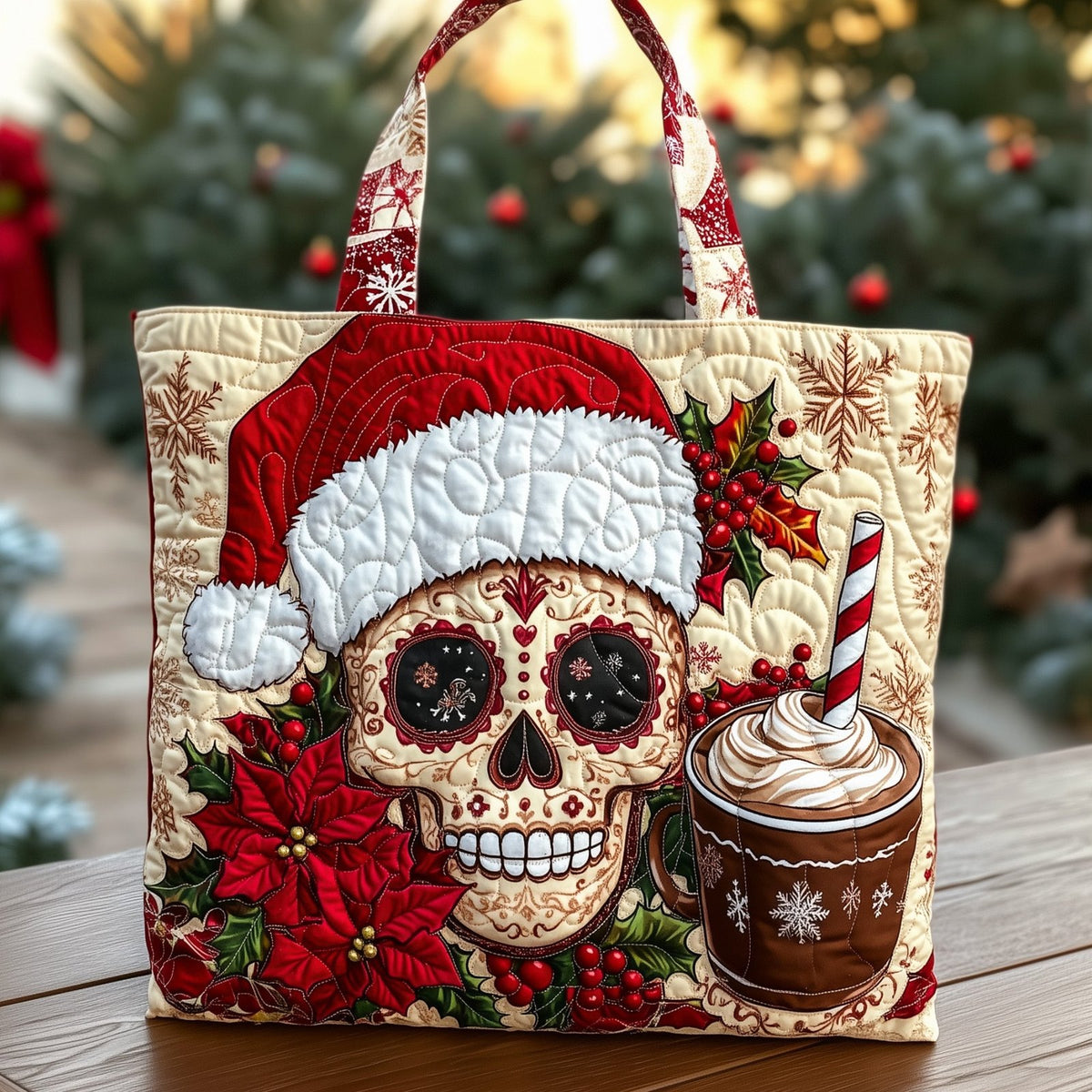 Christmas Sugar Skull Quilted Tote Bag printed tote bag