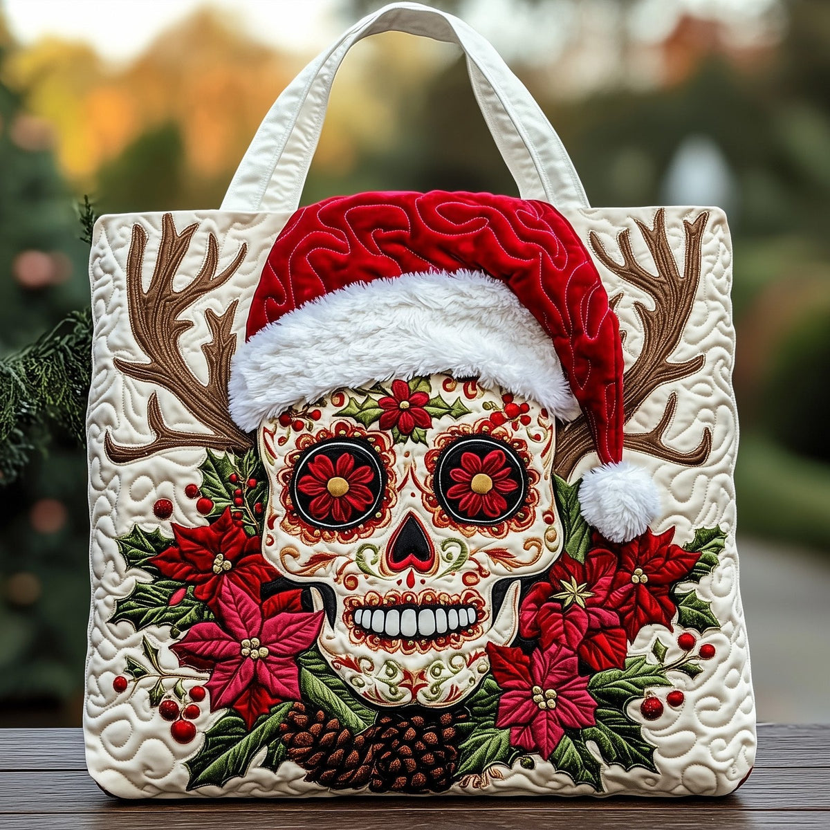 Christmas Sugar Skull Quilted Tote Bag printed tote bag