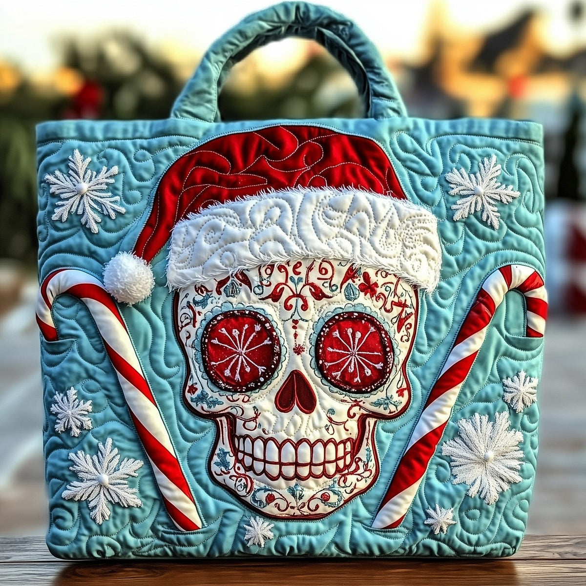 Christmas Sugar Skull Quilted Tote Bag printed tote bag