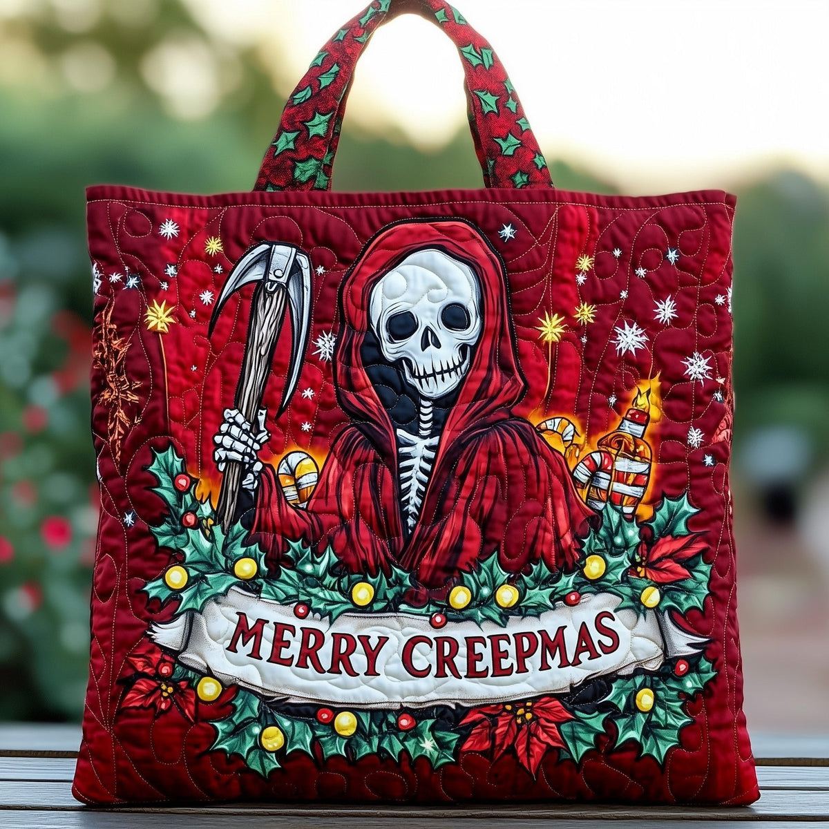 Christmas Sugar Skull Quilted Tote Bag printed tote bag
