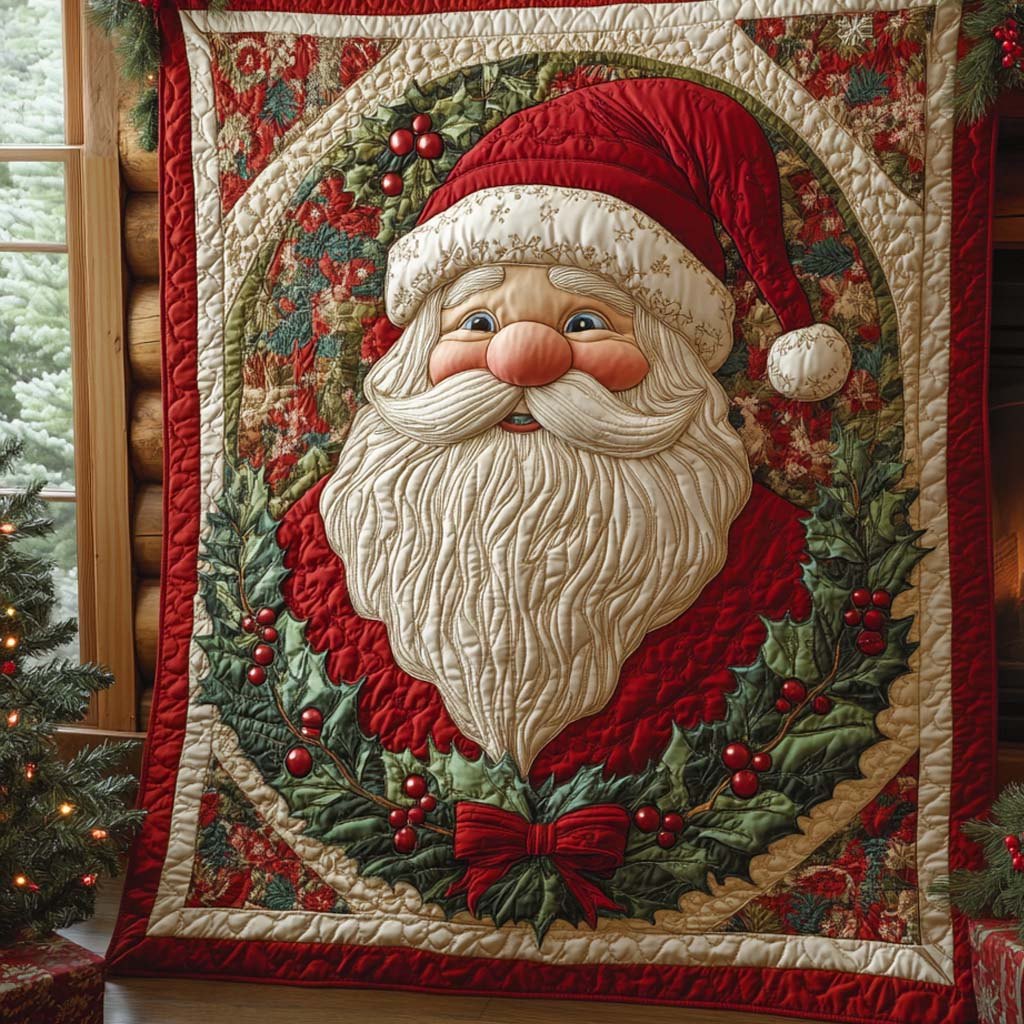 Classic Wreath Santa Quilted Blanket printed blanket