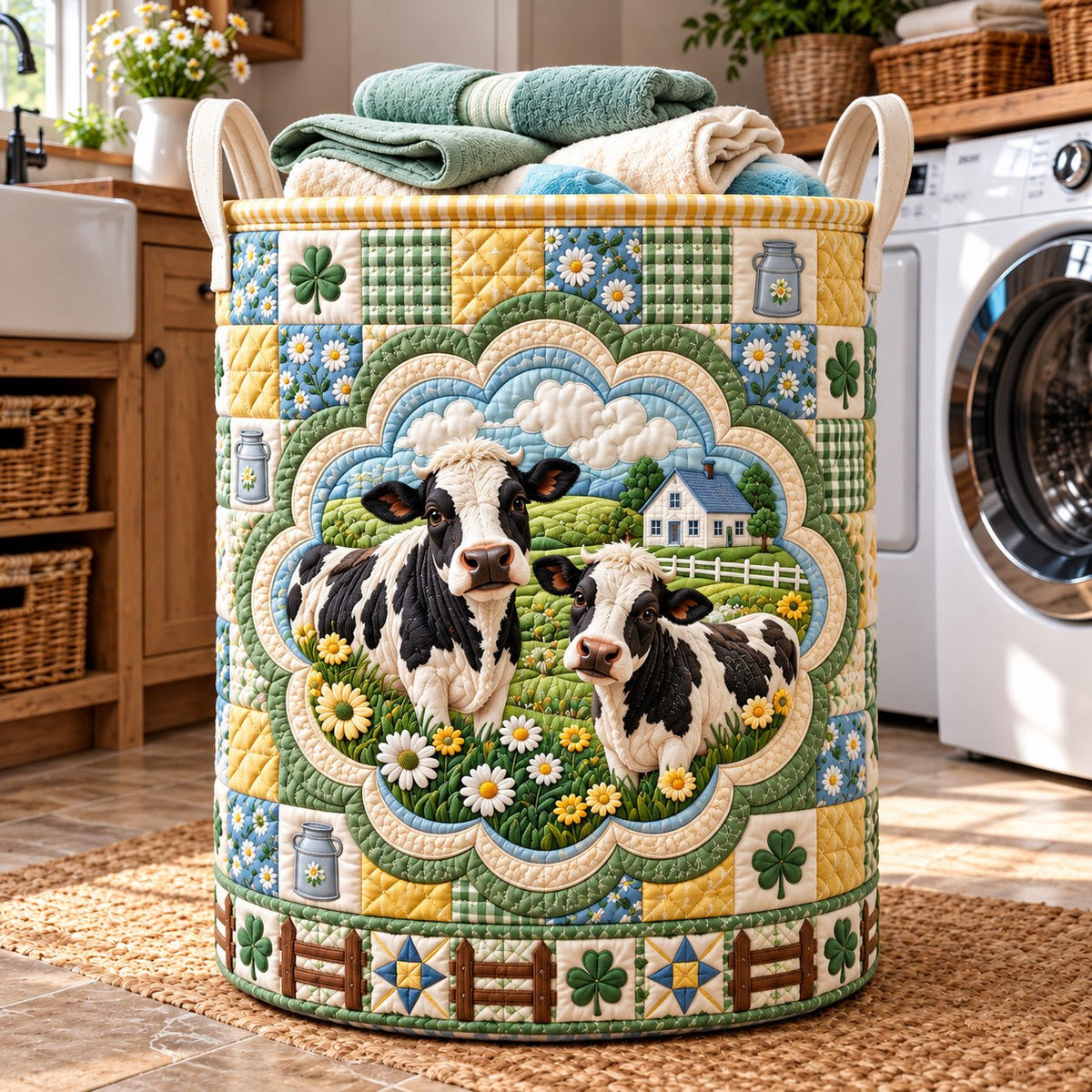 Clover Pasture Cows Quilted Laundry Hamper printed laundry hamper