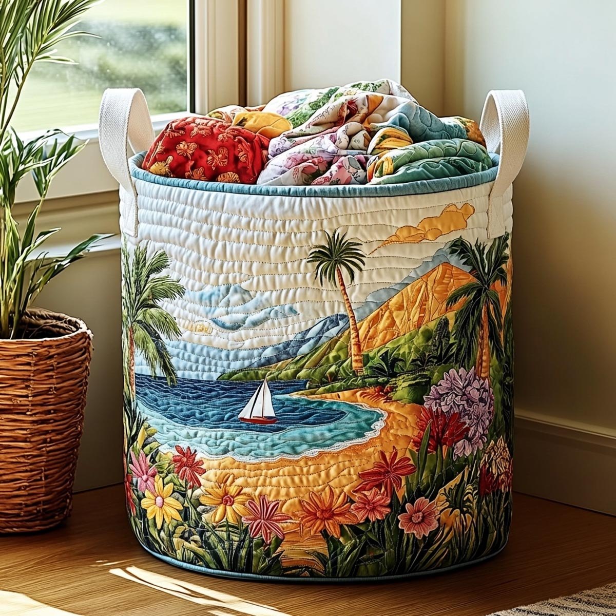 Coastal Breeze Quilted Laundry Hamper printed laundry hamper