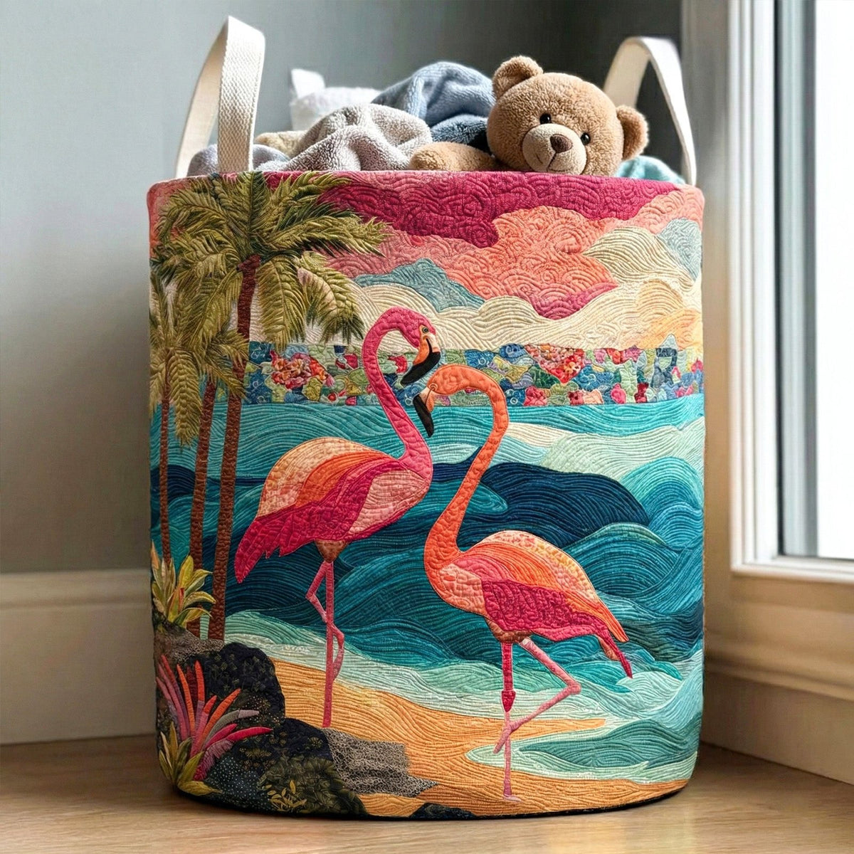 Coastal Flamingo Quilted Laundry Hamper printed laundry hamper