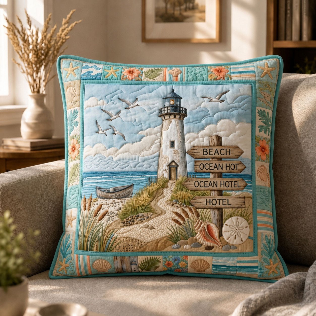 Coastal Life Lighthouse Quilted Pillow Case printed quilted cushion cover