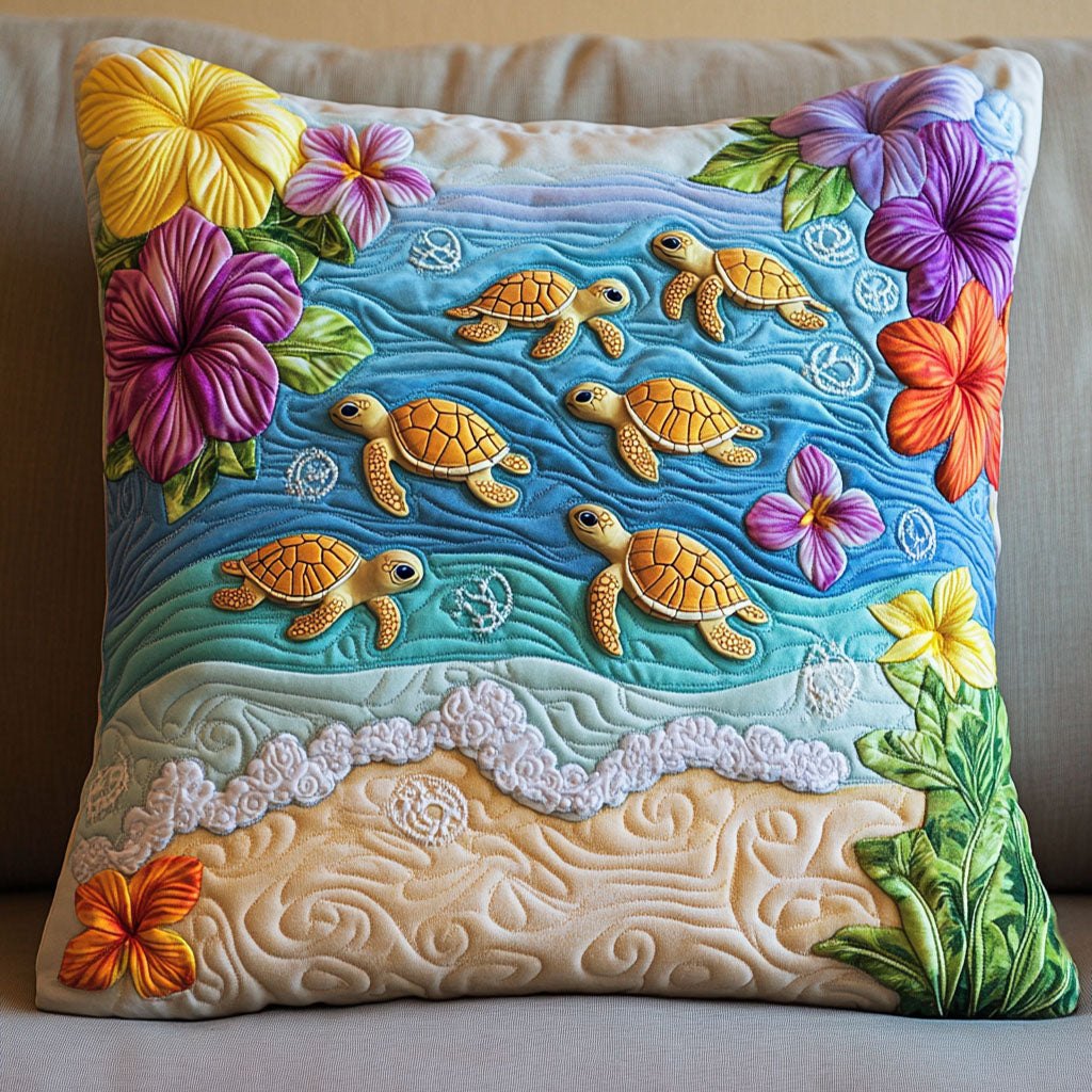 Coastal Turtle Parade Quilted Cushion Cover printed cushion cover