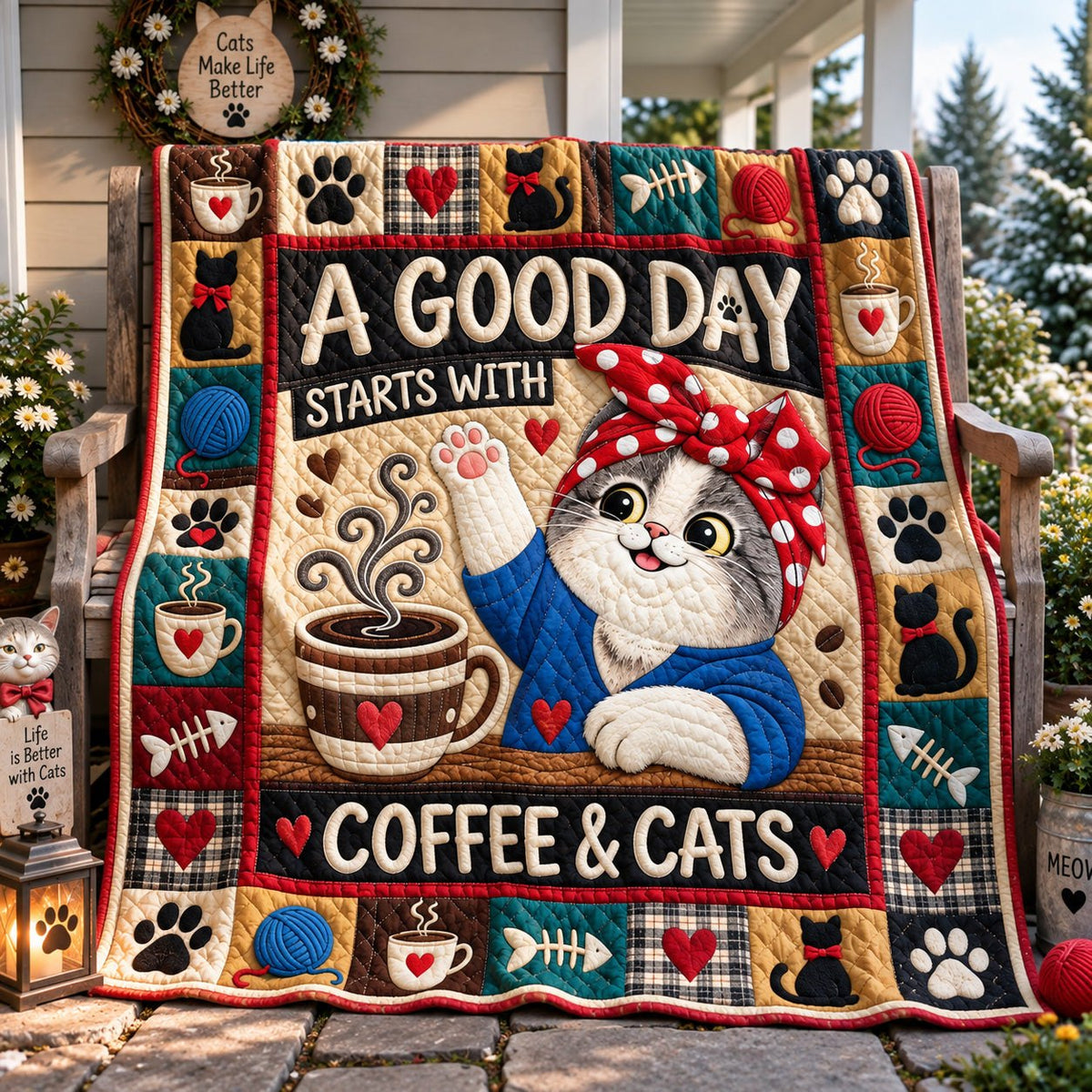 Coffee And Cats Quilted Blanket printed blanket