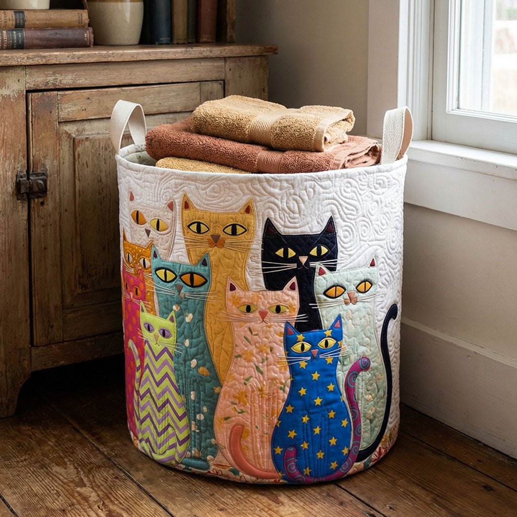 Colorful Cat Gathering Quilted Laundry Hamper printed laundry hamper