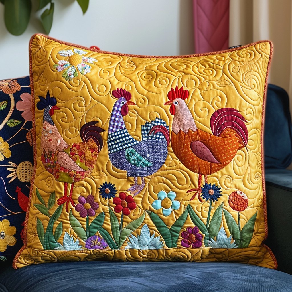 Colorful Chickens Quilted Cushion Cover printed cushion cover