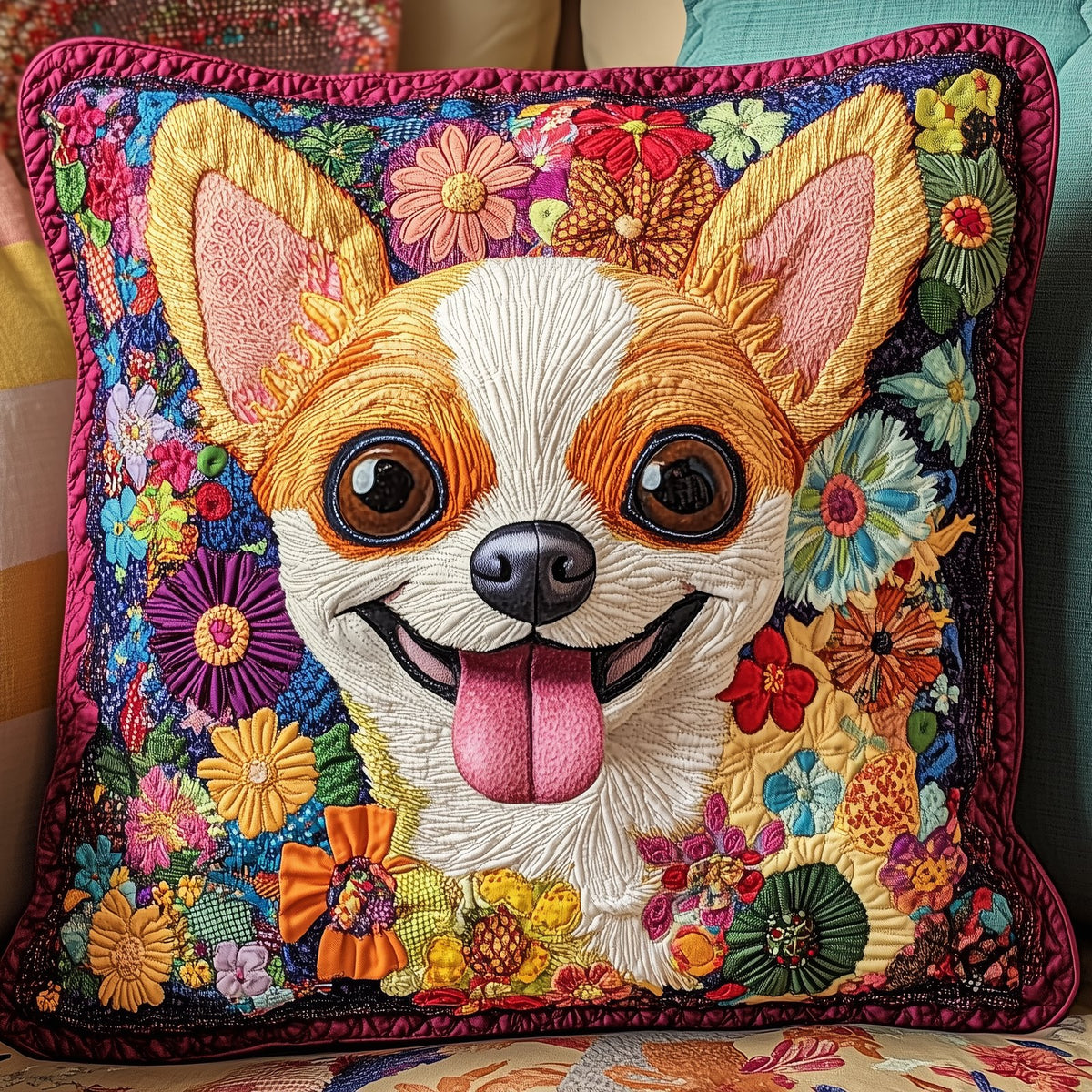 Colorful Chihuahua Quilted Cushion Cover printed cushion cover