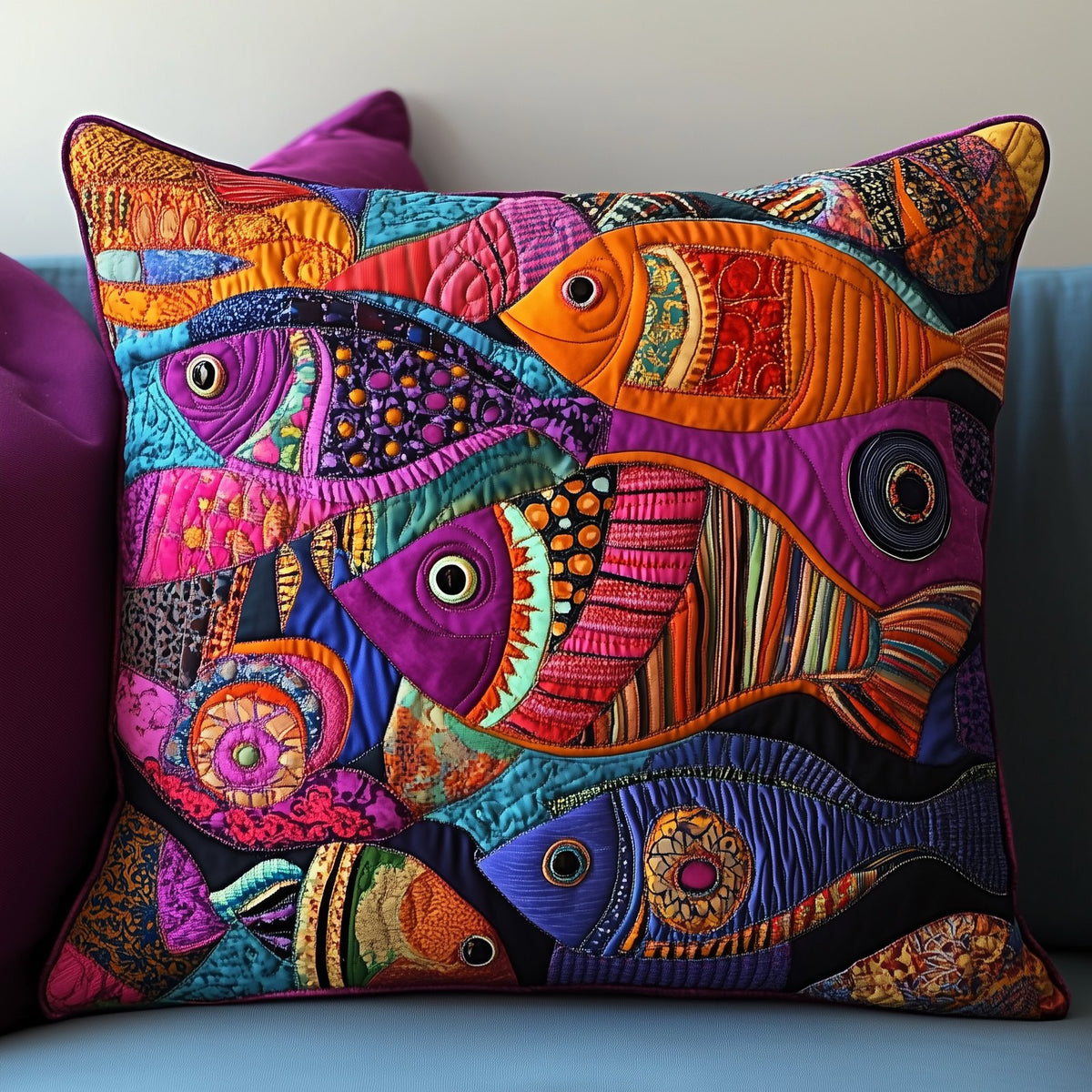 Colorful Fishes Patchwork Quilted Cushion Cover printed cushion cover