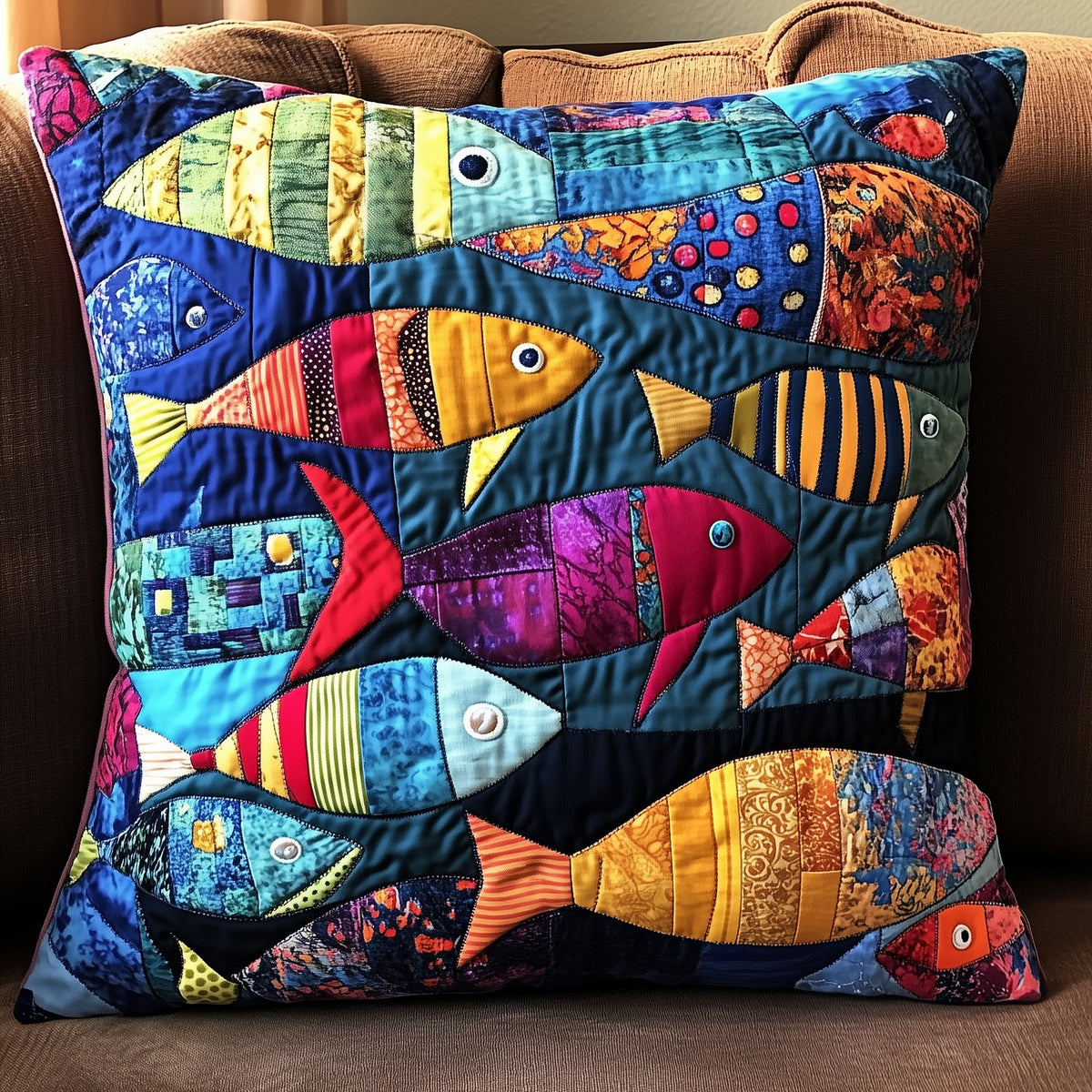 Colorful Fishes Patchwork Quilted Cushion Cover printed cushion cover
