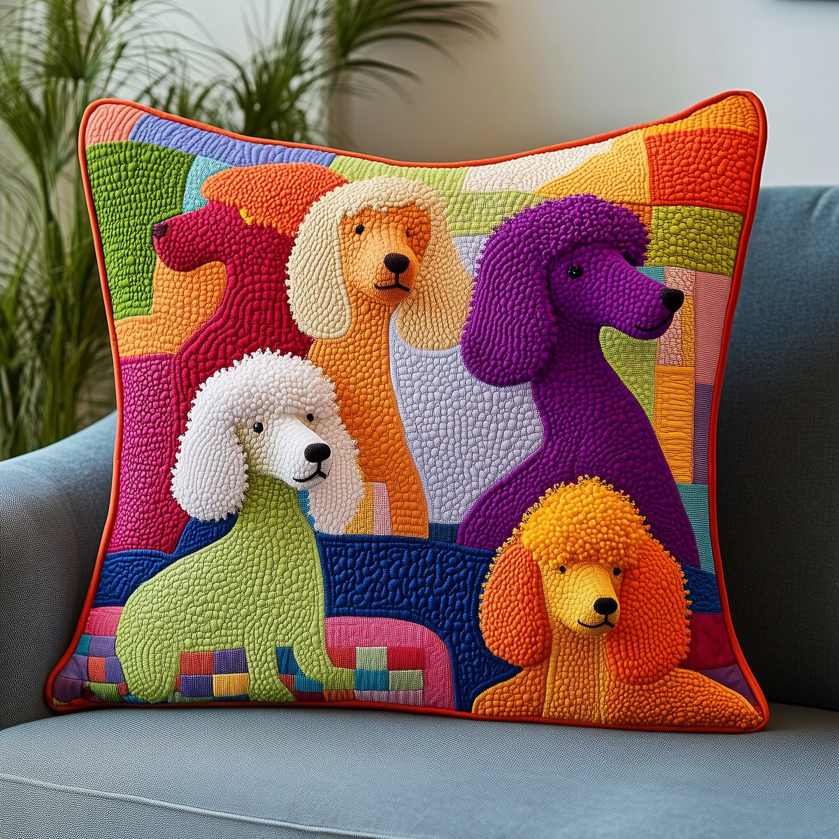 Colorful Poodle Quilted Cushion Cover printed cushion cover