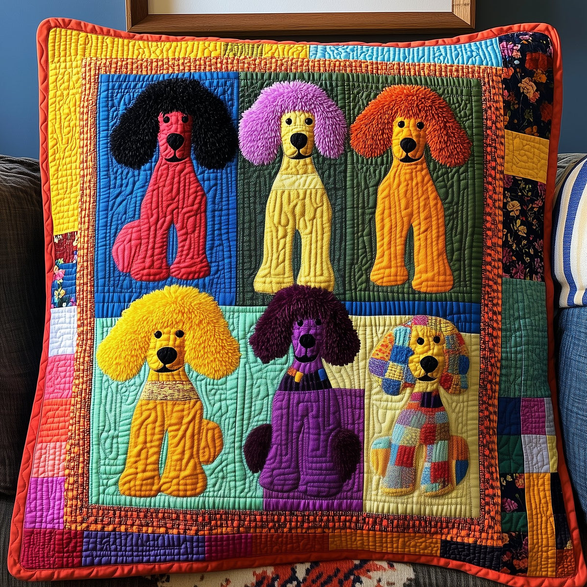Colorful Poodle Quilted Cushion Cover printed cushion cover