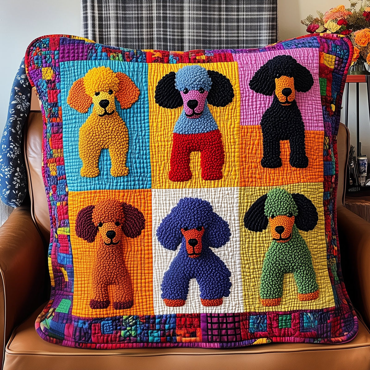 Colorful Poodle Quilted Cushion Cover printed cushion cover