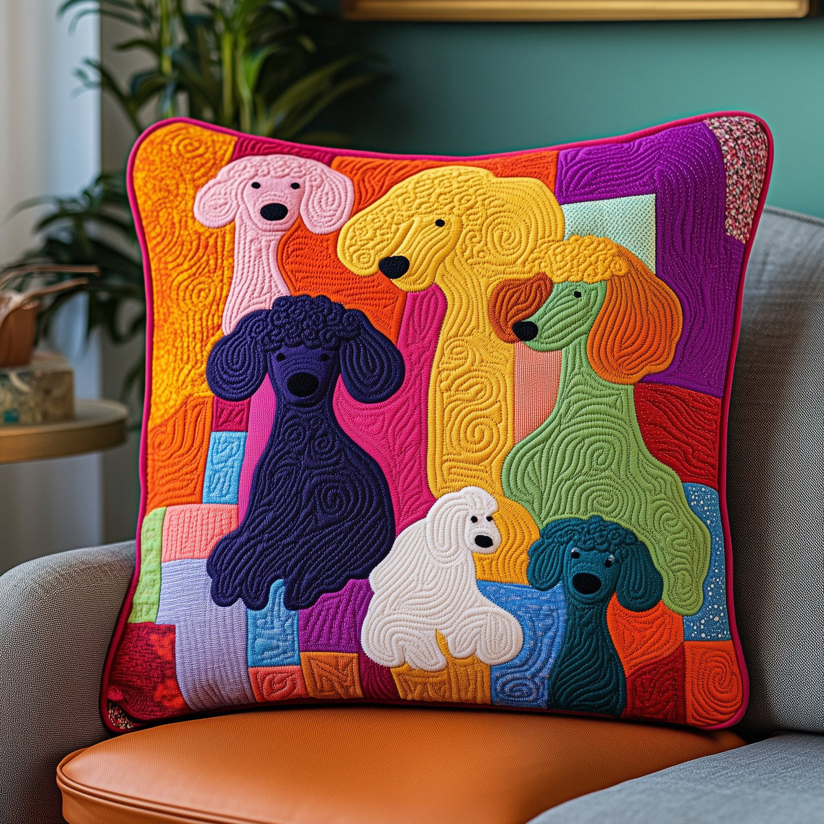Colorful Poodle Quilted Cushion Cover printed cushion cover