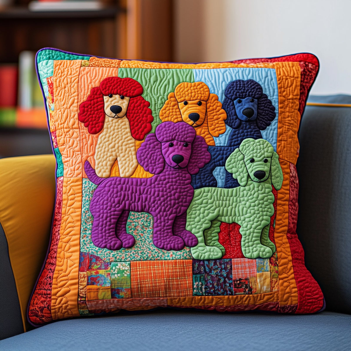 Colorful Poodle Quilted Cushion Cover printed cushion cover