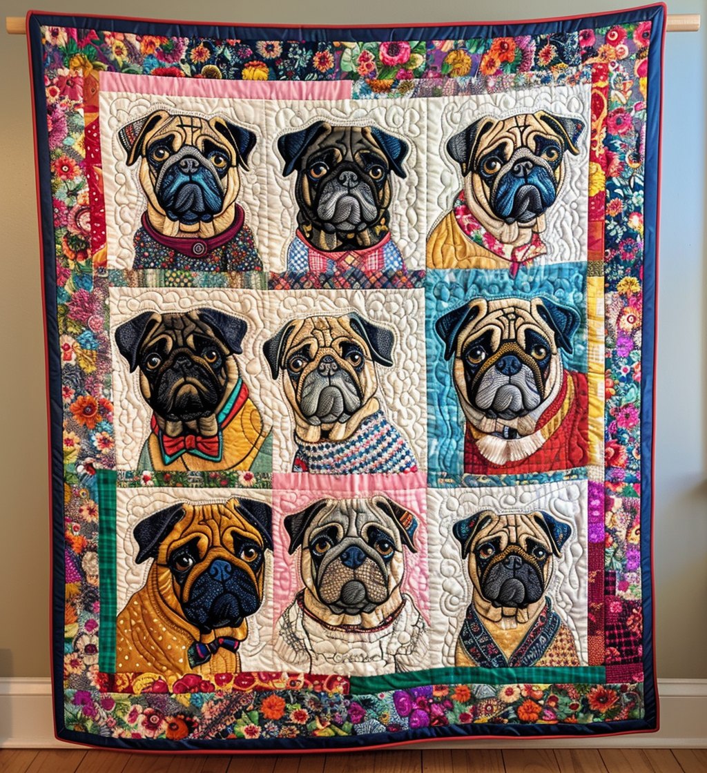 Colorful Pugs Quilted Blanket printed blanket