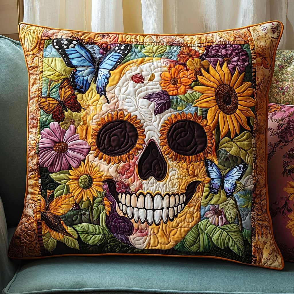 Colorful Skull Accent Quilted Cushion Cover printed cushion cover