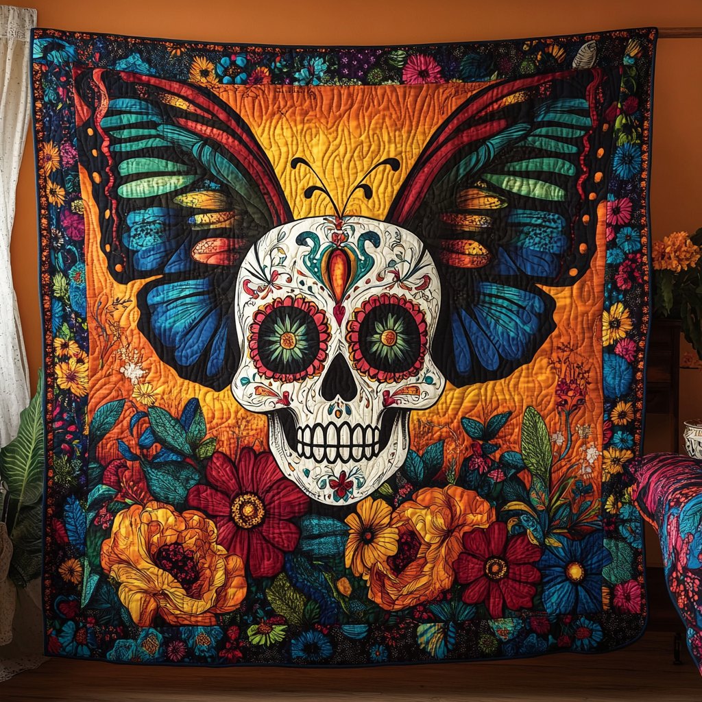 Colorful Sugar Skull Quilted Blanket printed blanket