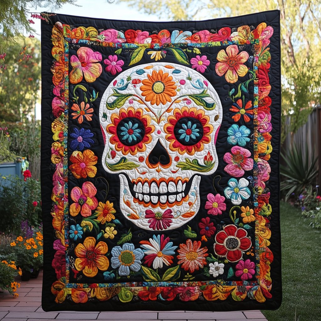 Colorful Sugar Skull Quilted Blanket printed blanket