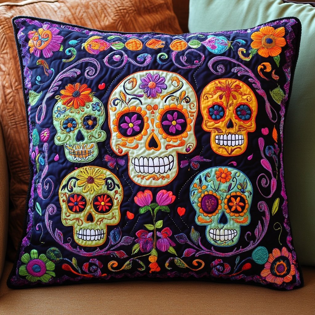Colorful Sugar Skull Quilted Cushion Cover printed cushion cover