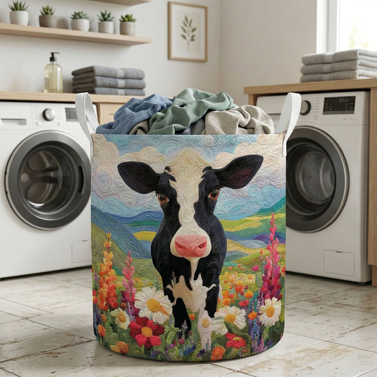 Country Cow Bloom Quilted Laundry Hamper printed laundry hamper