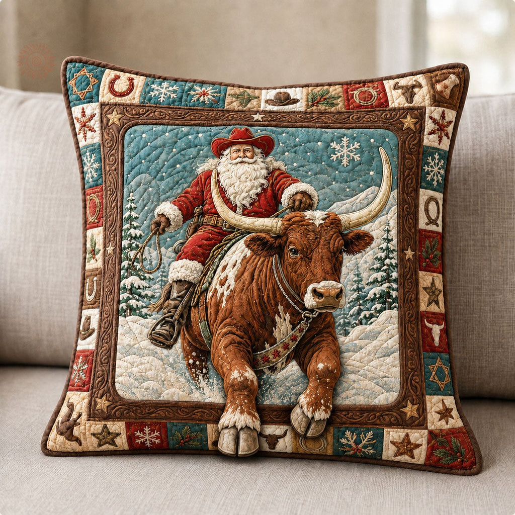 Cowboy Santa Longhorn Christmas Quilted Pillow Case printed quilted cushion cover