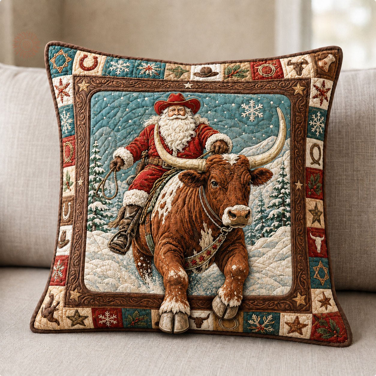 Cowboy Santa Longhorn Christmas Quilted Pillow Case printed quilted cushion cover
