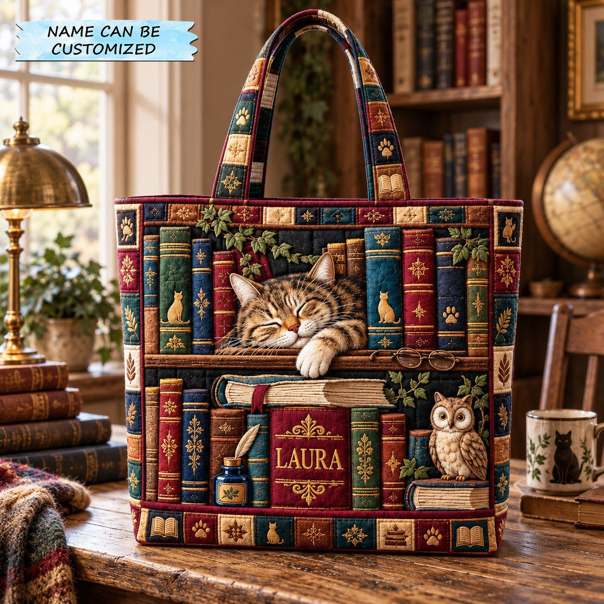 Cozy Cat Library Quilted Tote Bag QTCUZ printed tote bag