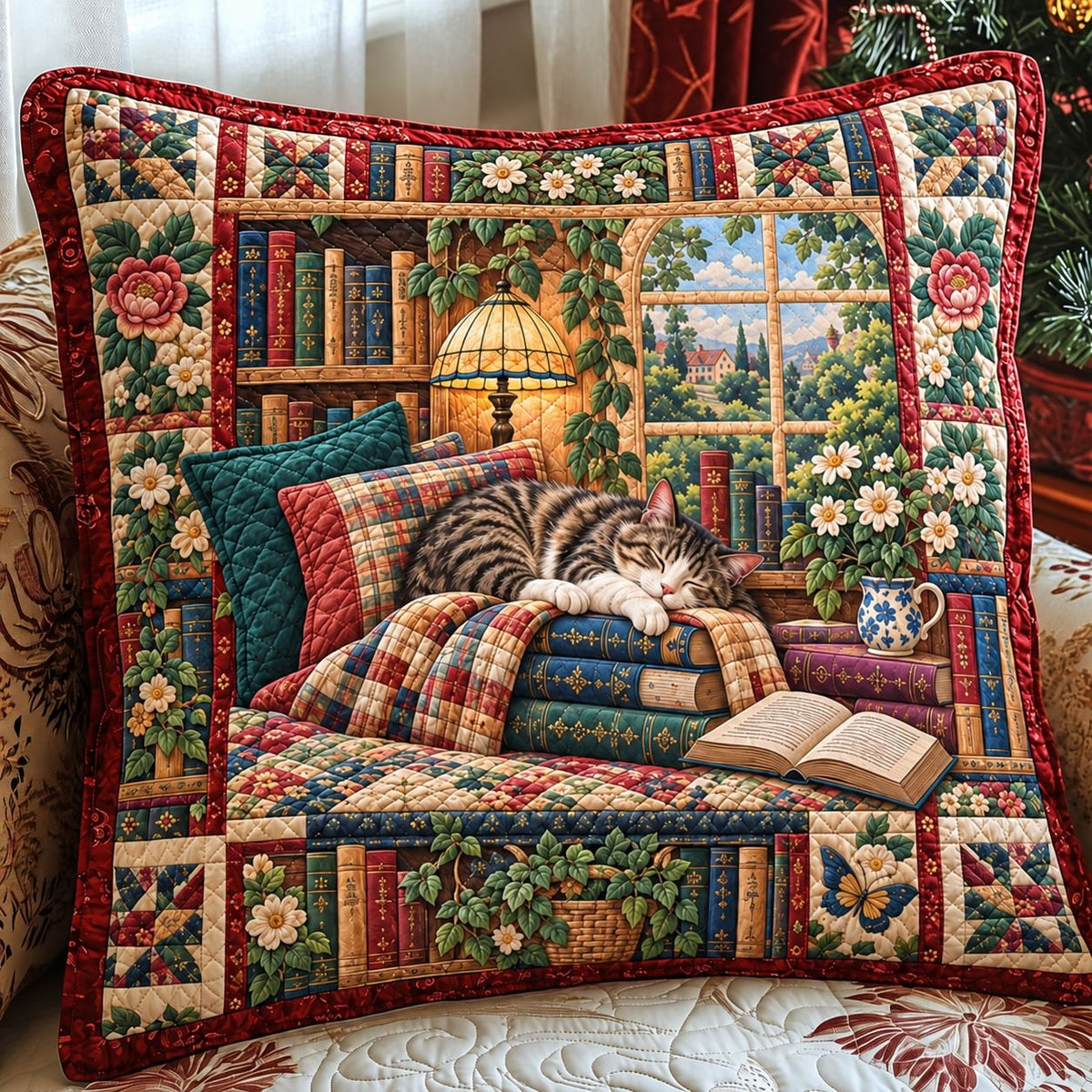 Cozy Cats And Chapters Quilted Cushion Cover printed cushion cover