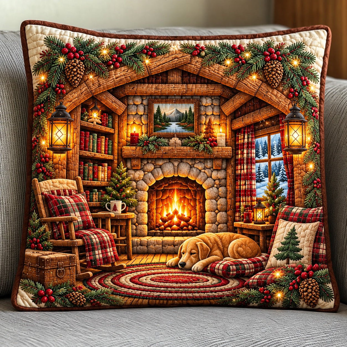 Cozy Christmas Cabin Quilted Cushion Cover printed cushion cover