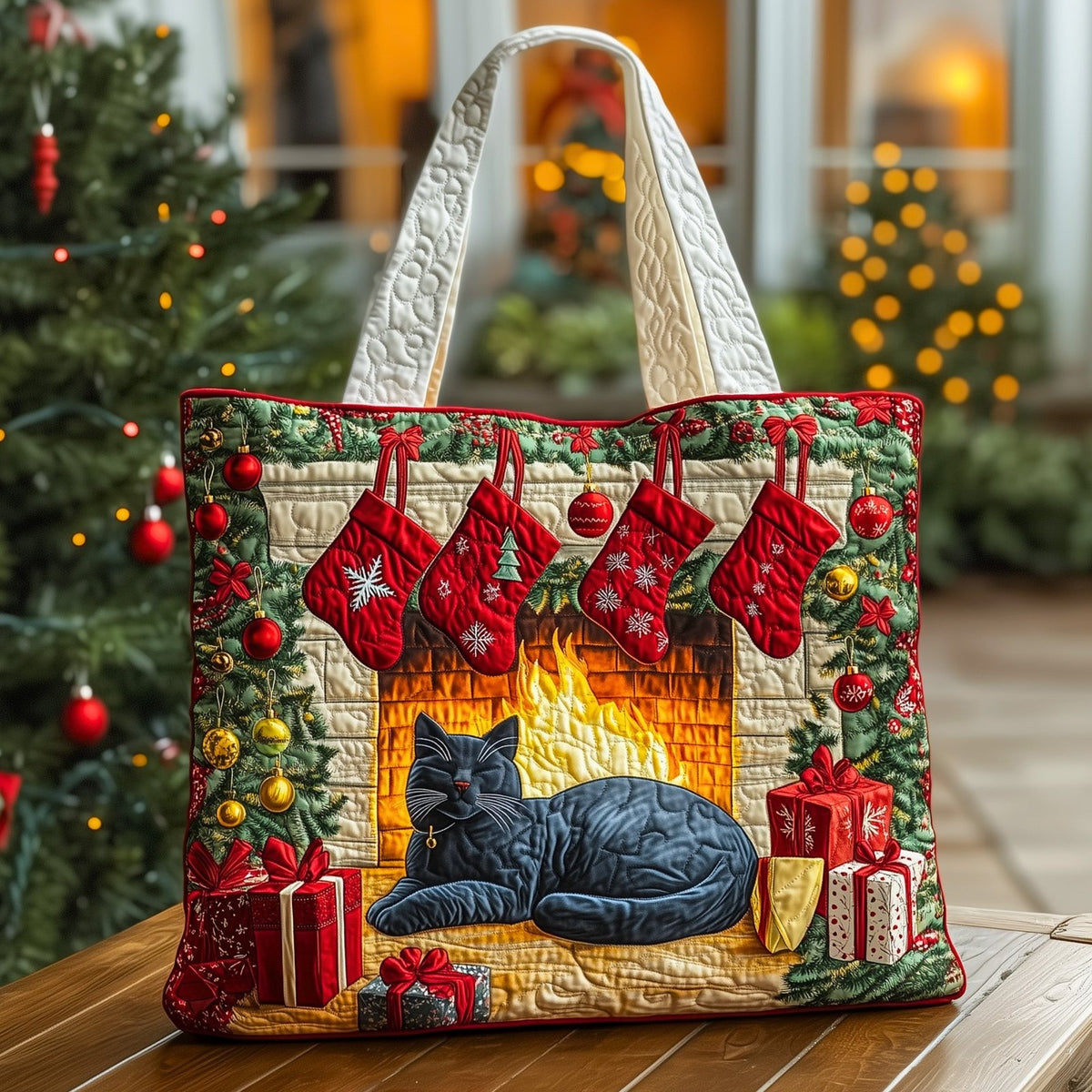 Cozy Christmas Fireplace Quilted Tote Bag printed tote bag