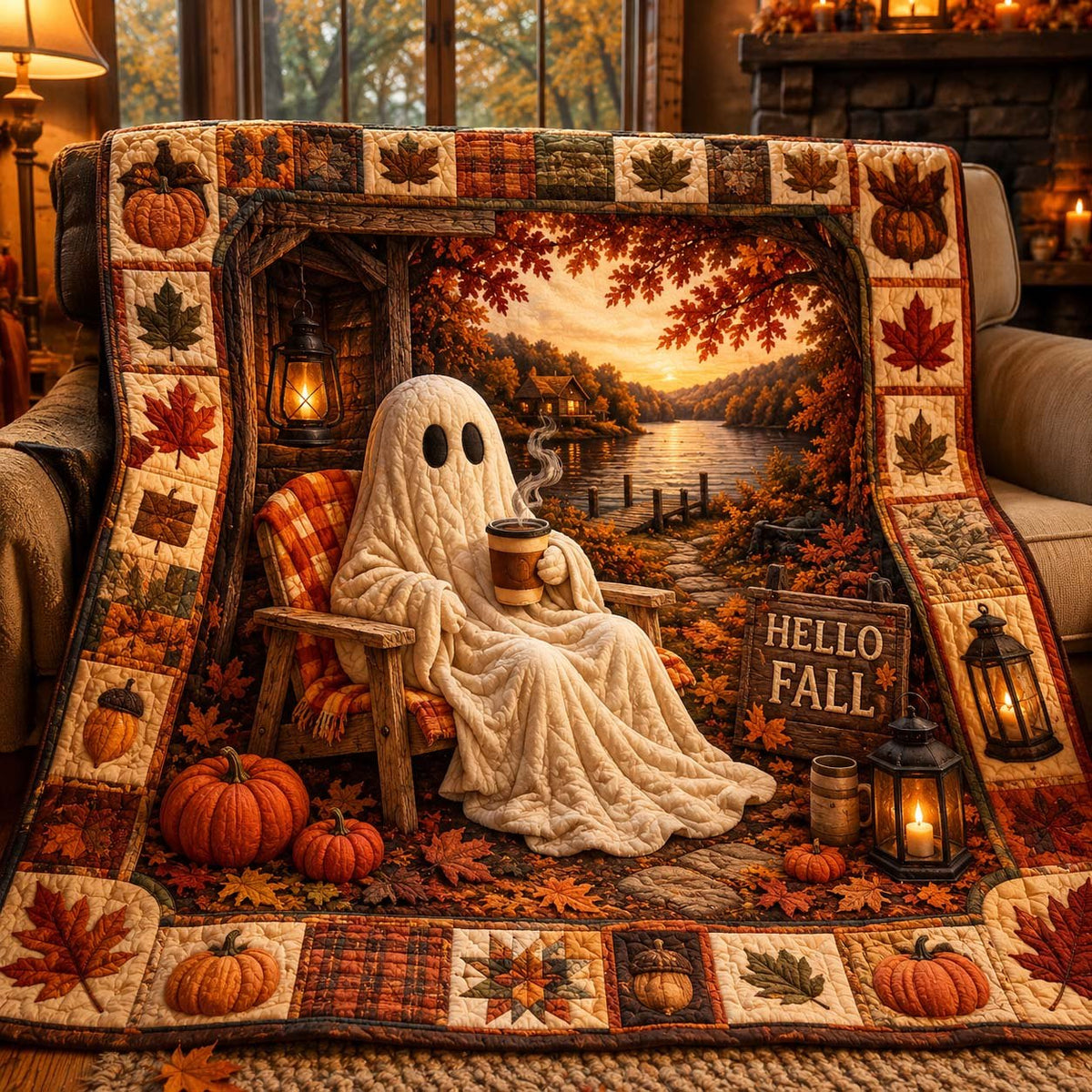 Cozy Fall Ghost Quilted Blanket printed blanket