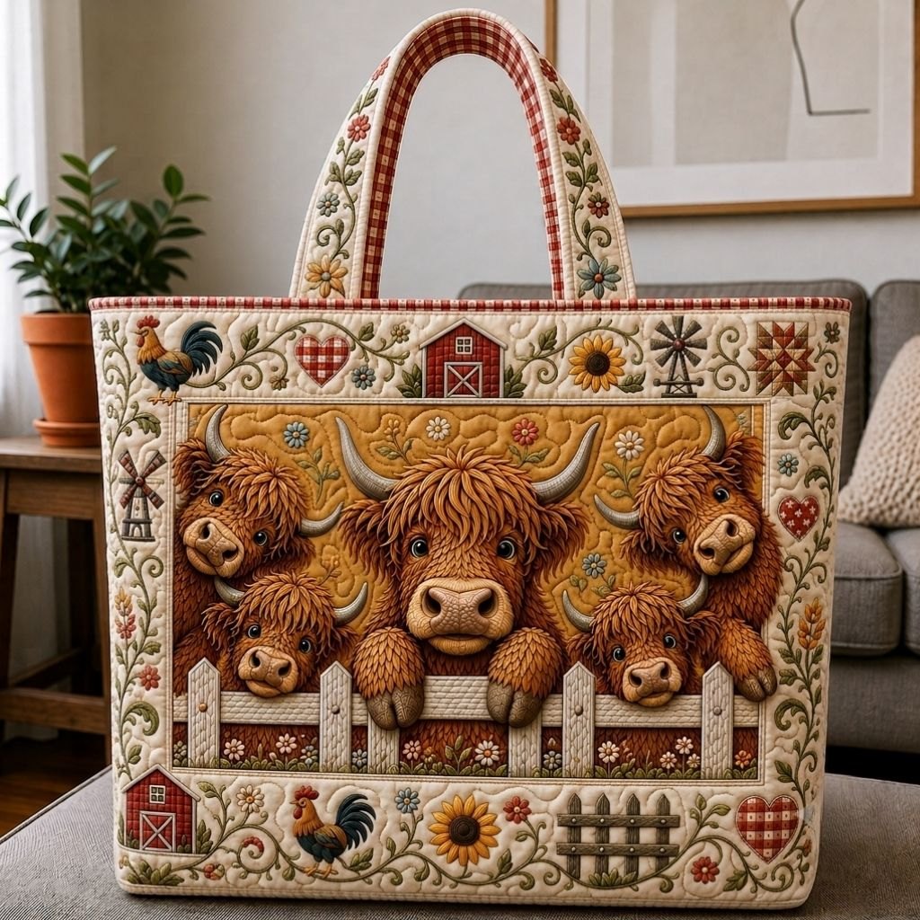 Cozy Highland Cow Quilted Tote Bag printed tote bag