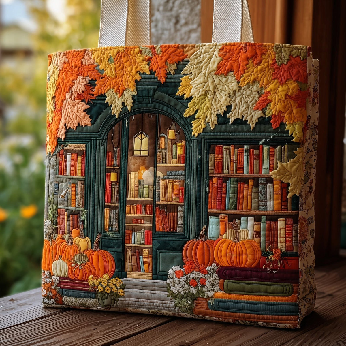 Cozy Library Quilted Tote Bag printed tote bag