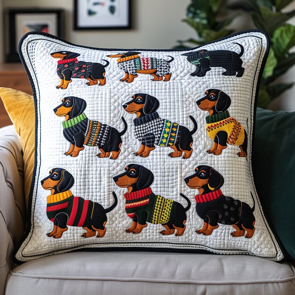 Cozy Sweater Dachies Quilted Cushion Cover printed cushion cover