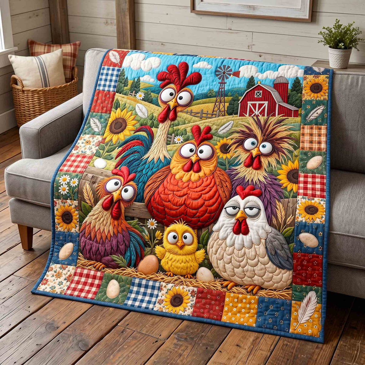 Crazy Chicken Flock Quilted Blanket printed blanket