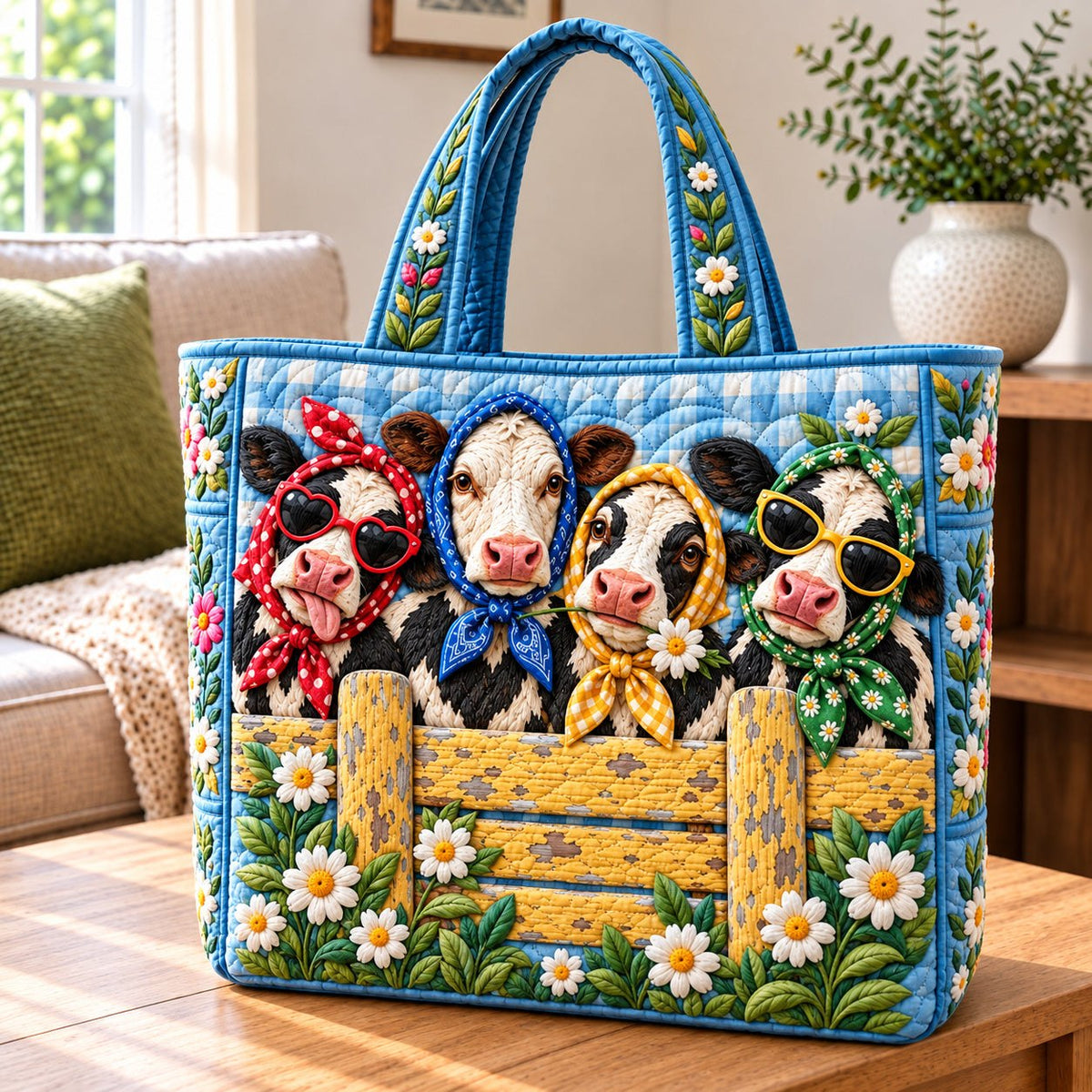 Crazy Funky Cow Quilted Tote Bag printed tote bag
